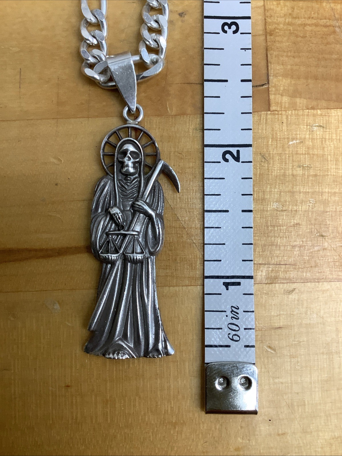 .925 Sterling Silver Grim Reaper Santa Muerte Pendant With 29” Figaro Necklace