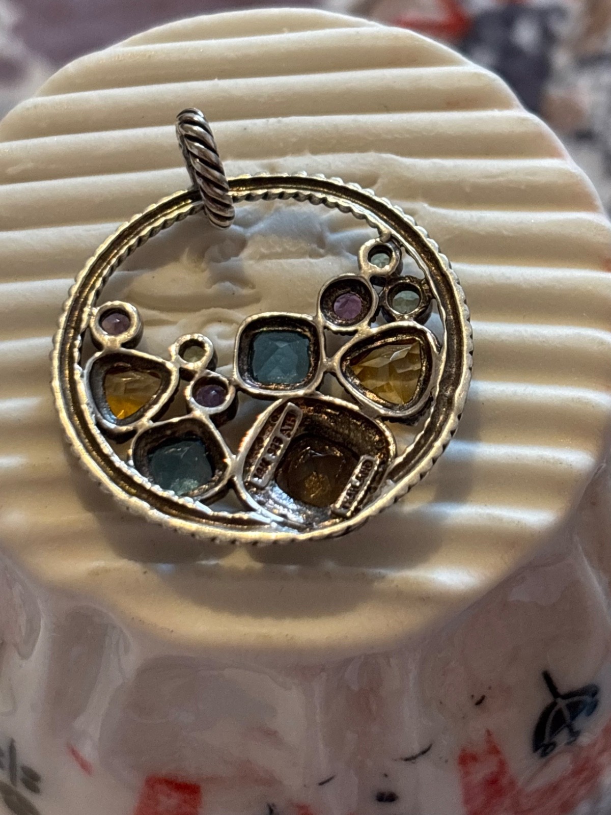 925 and 14k Gold Multi Gemstone Pendant with Cable accents, for Necklace