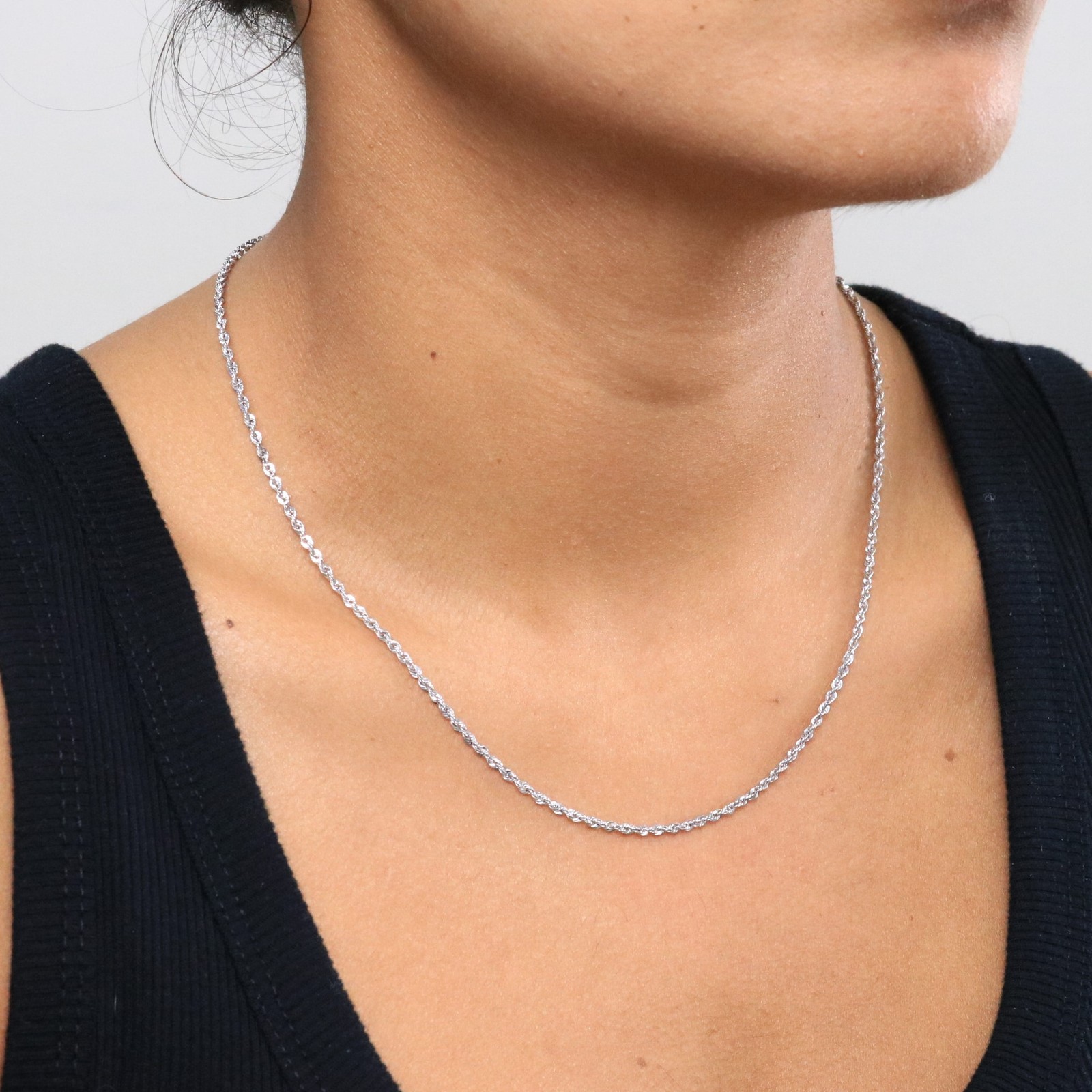 10K White Gold 2mm Diamond Cut Rope Chain Link Necklace Mens Womens 22″