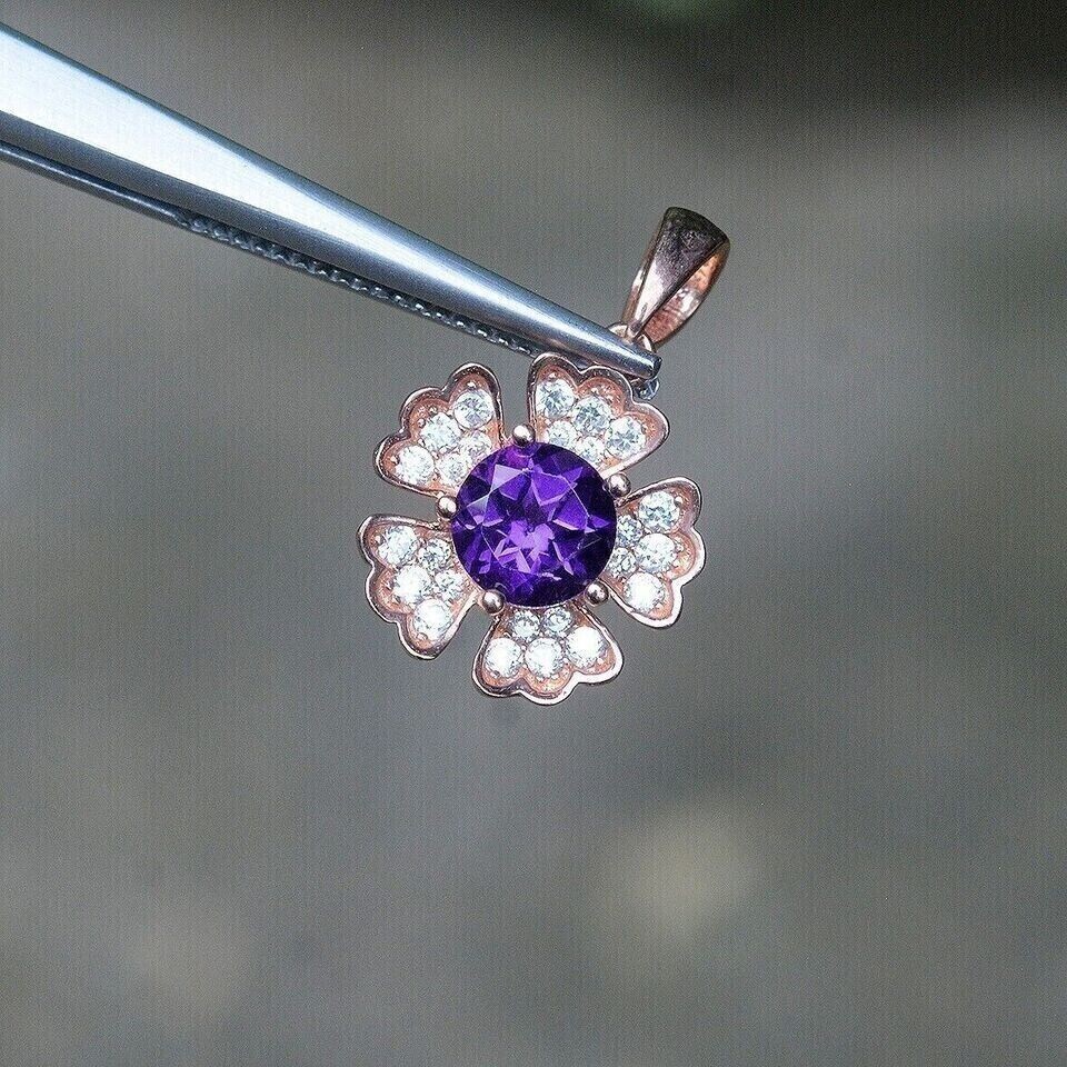 Floral Women’s Pendant 925 Sterling Silver 1.22Ct Round Lab-Created Amethyst