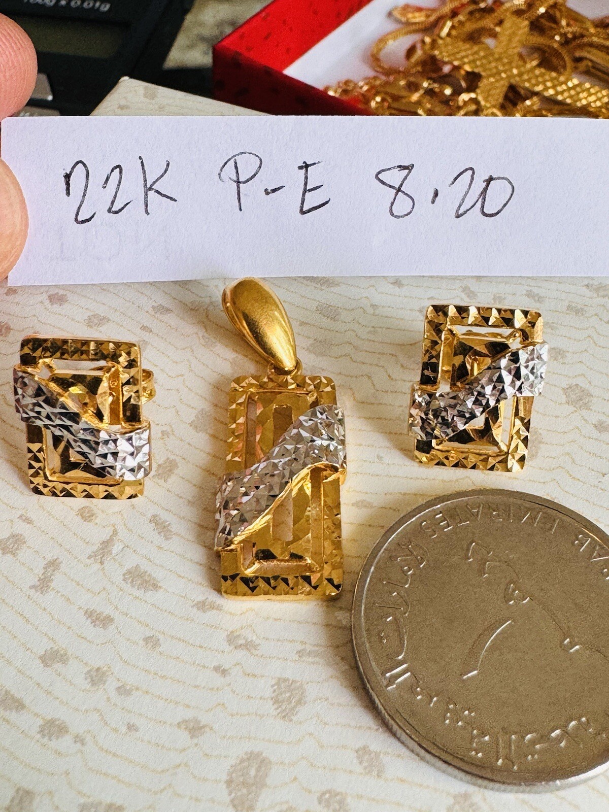 22K 916 22CT Fine Real Gold Unique Two tone Earring & Pendant 8.2G