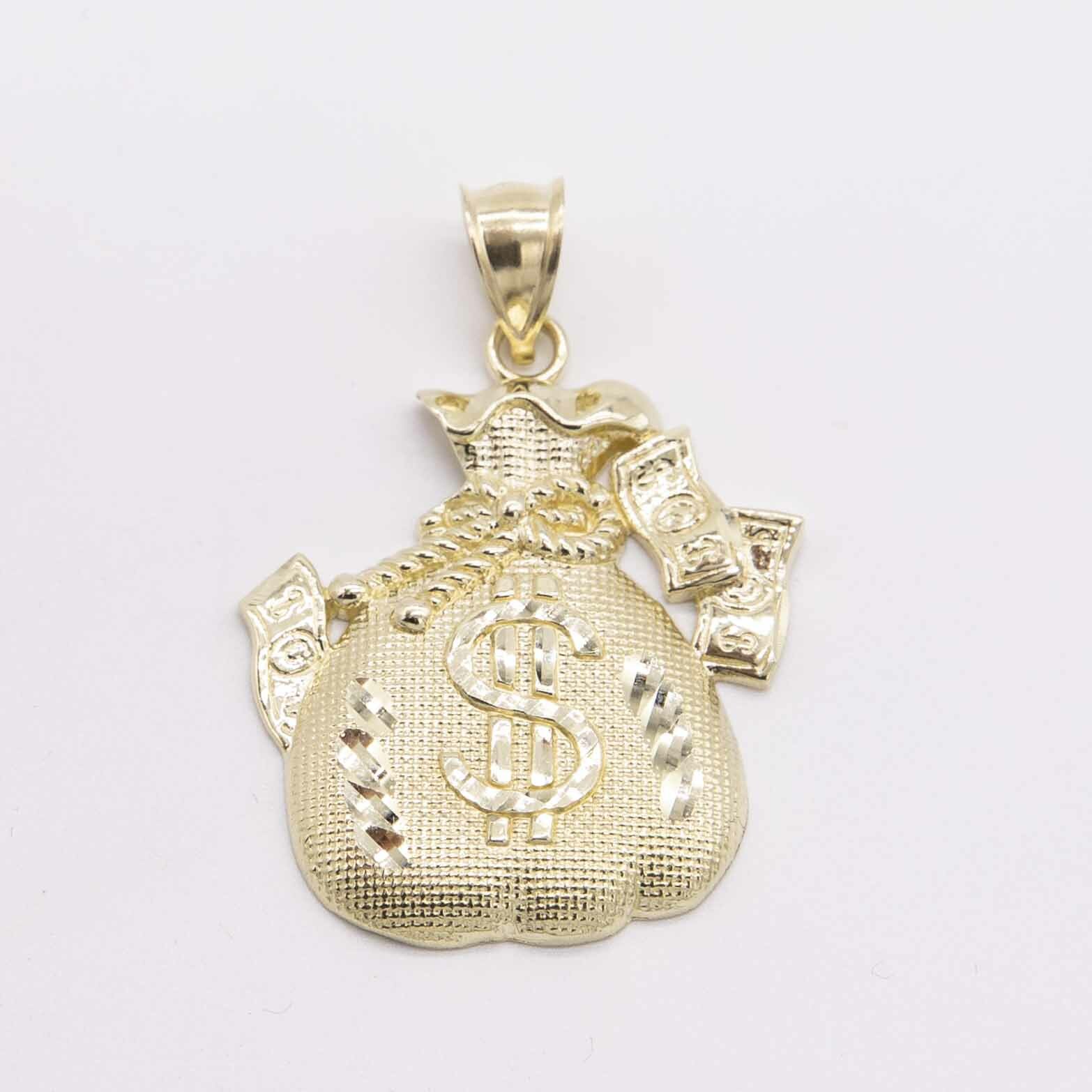 Diamond-Cut Money Bag Luck Pendant Real 10K Yellow Gold All Sizes