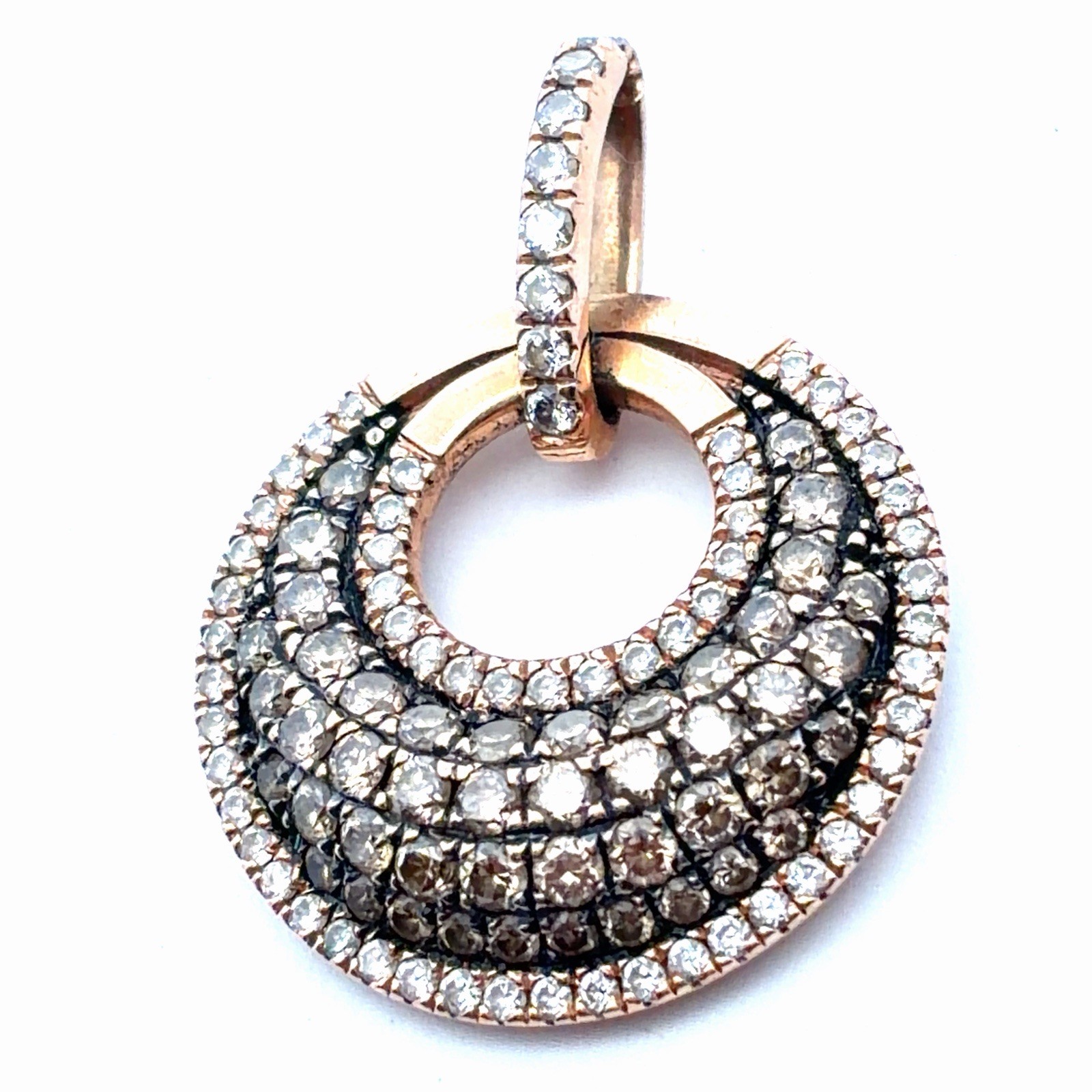 Estate 14K Rose Gold Enamel Pave Diamond Crescent Moon Circle Pendant