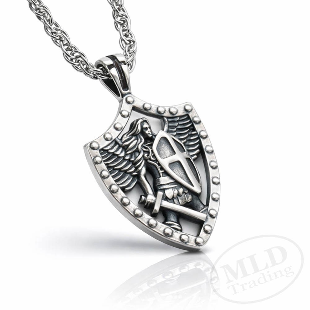 MLD 925 Sterling Silver Saint St Michael Shield Pendant Necklace w/ 22″ Chain