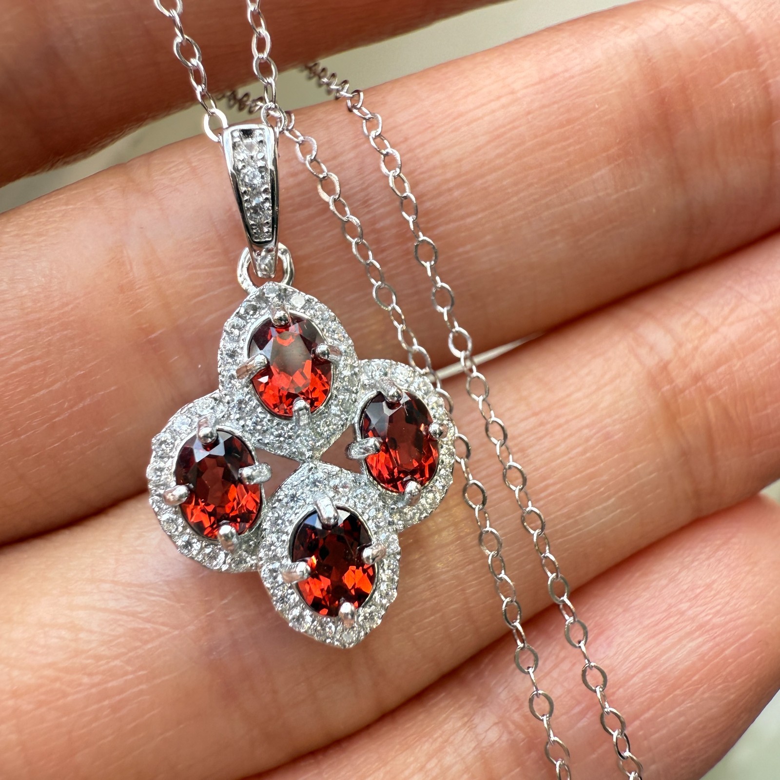 925 Sterling Silver Necklace 4x3mm Natural Garnet Gemstone Zircon Flower Chain