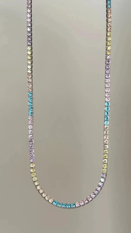 20TCW Round Cut Lab Created Rainbow Sapphire Tennis Necklace 925 Sterling Silver