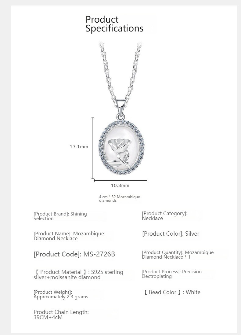 S925 Silver Oval Rose Pendant Necklace MOP Moissanite Korean Dainty Women Chain