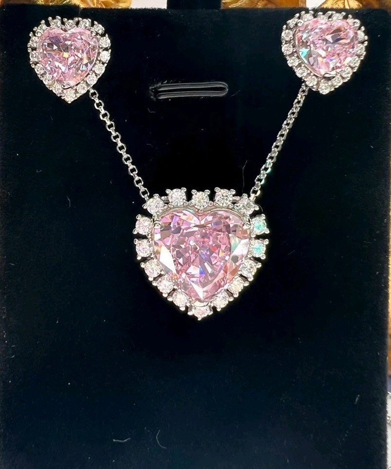 7 Ct Certified Treated Gorgeous Pink Diamond Pendant & Studs Set In 925 Silver