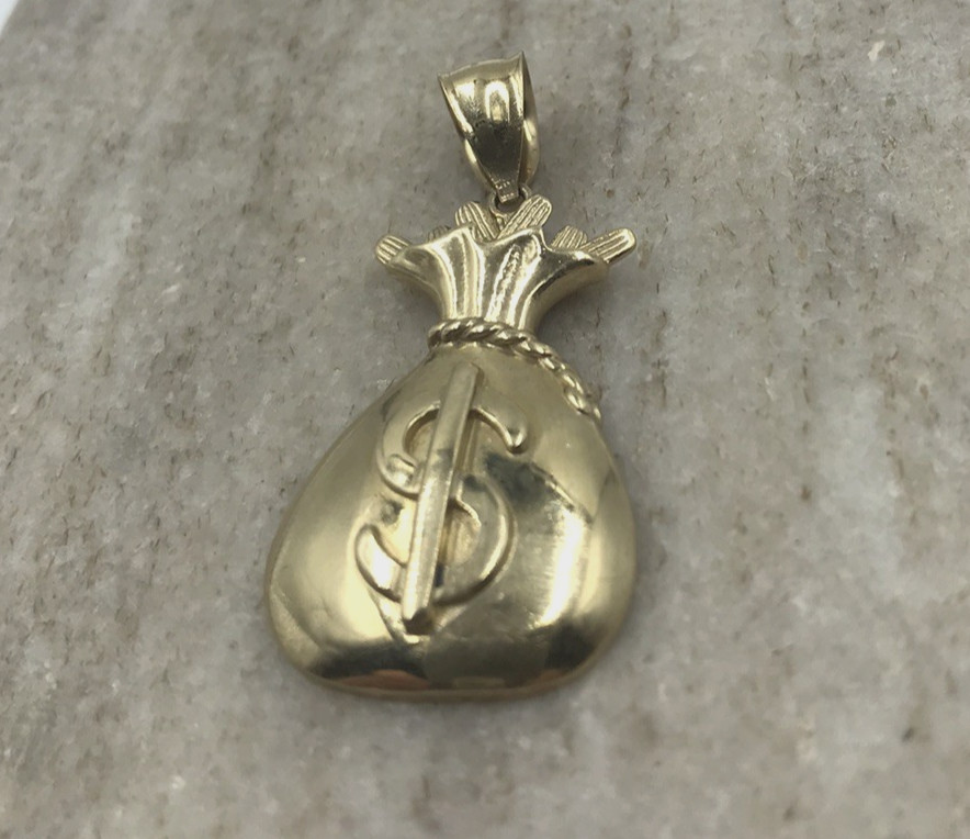 Solid 10K Yellow Gold Money Bag Dollar Sign Pendant Charm Textured Polished 7.8g