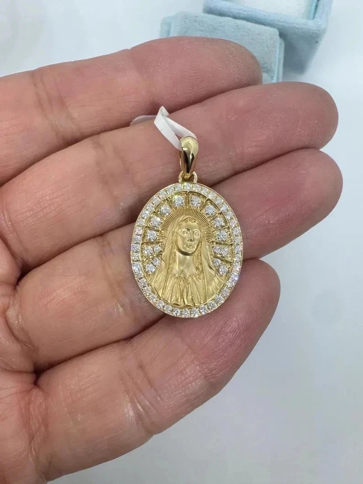 14K Yellow Gold Plated 1Ct Round Cut Real Moissanite Women’s Virgin Mary Pendant