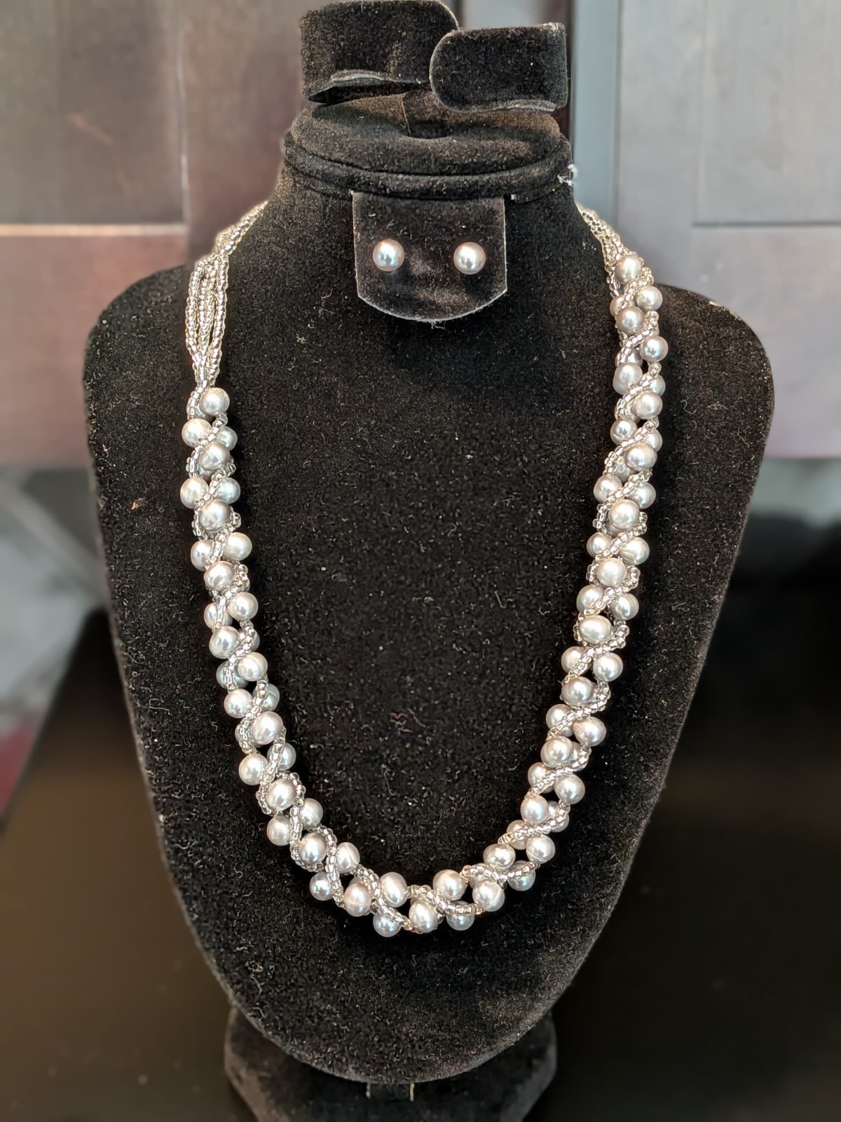 18″ Cultured Freshwater Pearl Woven Necklace (4mm) & Stud Earrings (6mm)