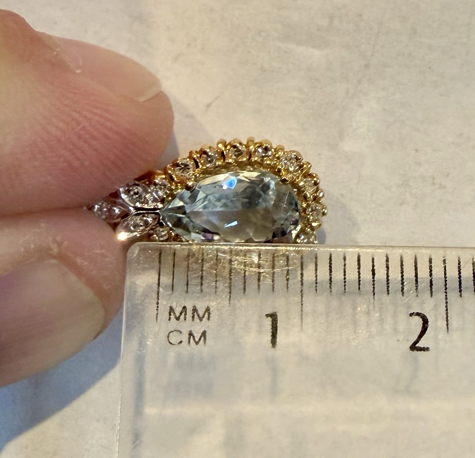 Estate 14k Yellow White Gold Pear Aquamarine Diamond Halo Pendant Lavalier 2ct