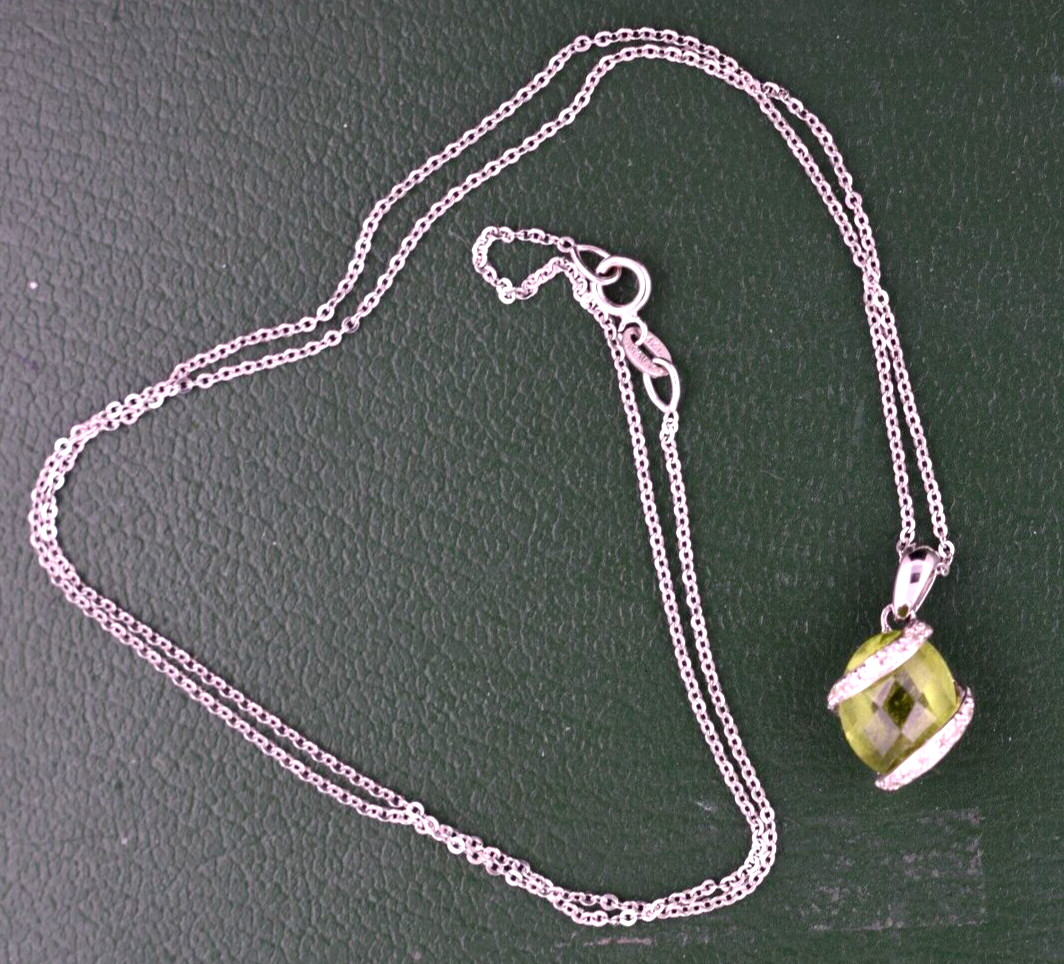 14K White Gold Chain W/ Peridot & Diamond Pendant EXCELLENT