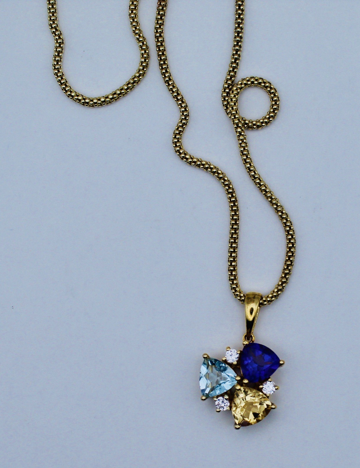 Topaz, Citrine, Amethyst and natural Cambodian Zircon Pendant & Chain 14K OL SS