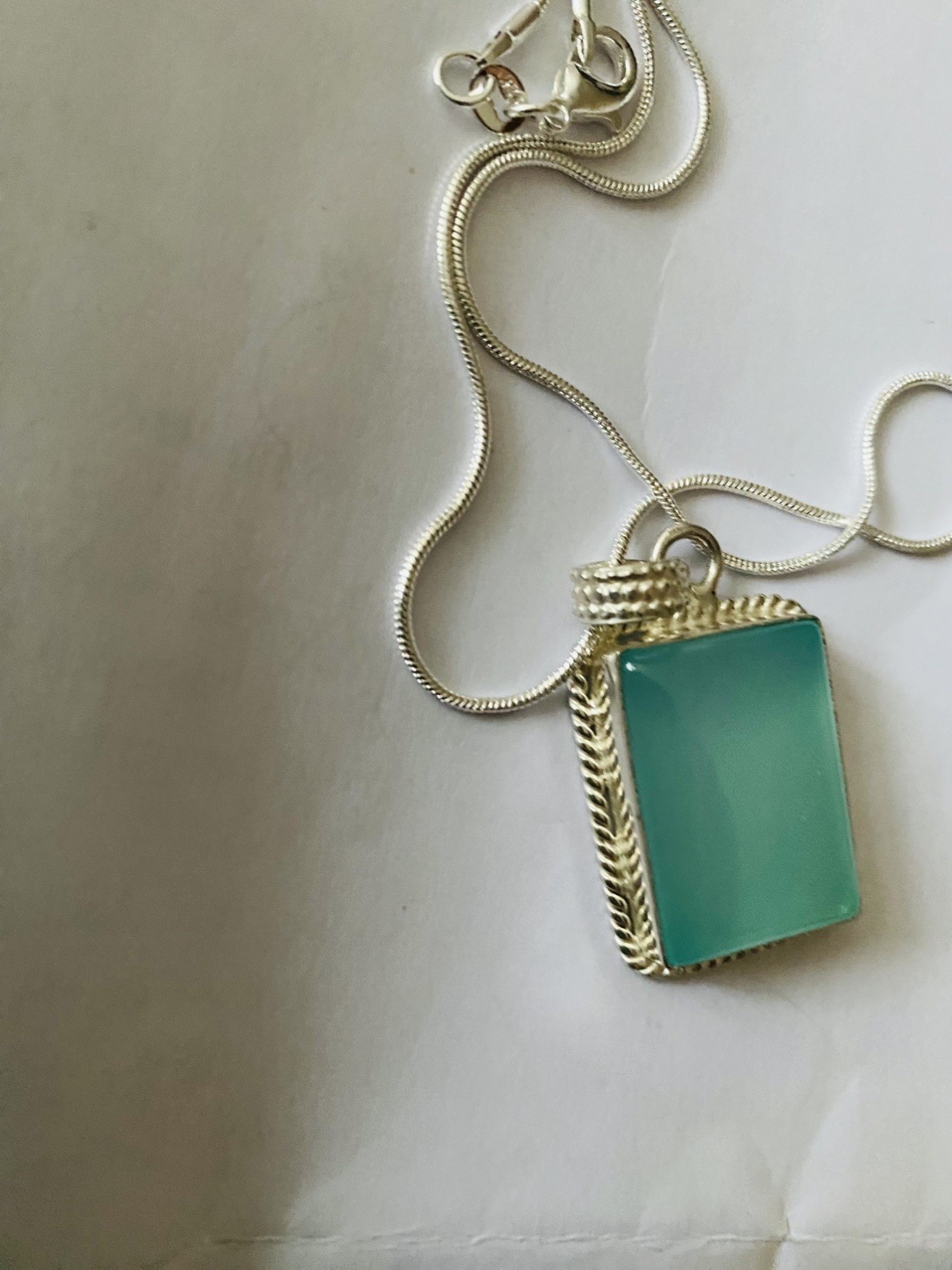 Vintage big Aqua Chalcedony Pendant 925 Silver 20”chain.4×2.5cm UK Seller VGC