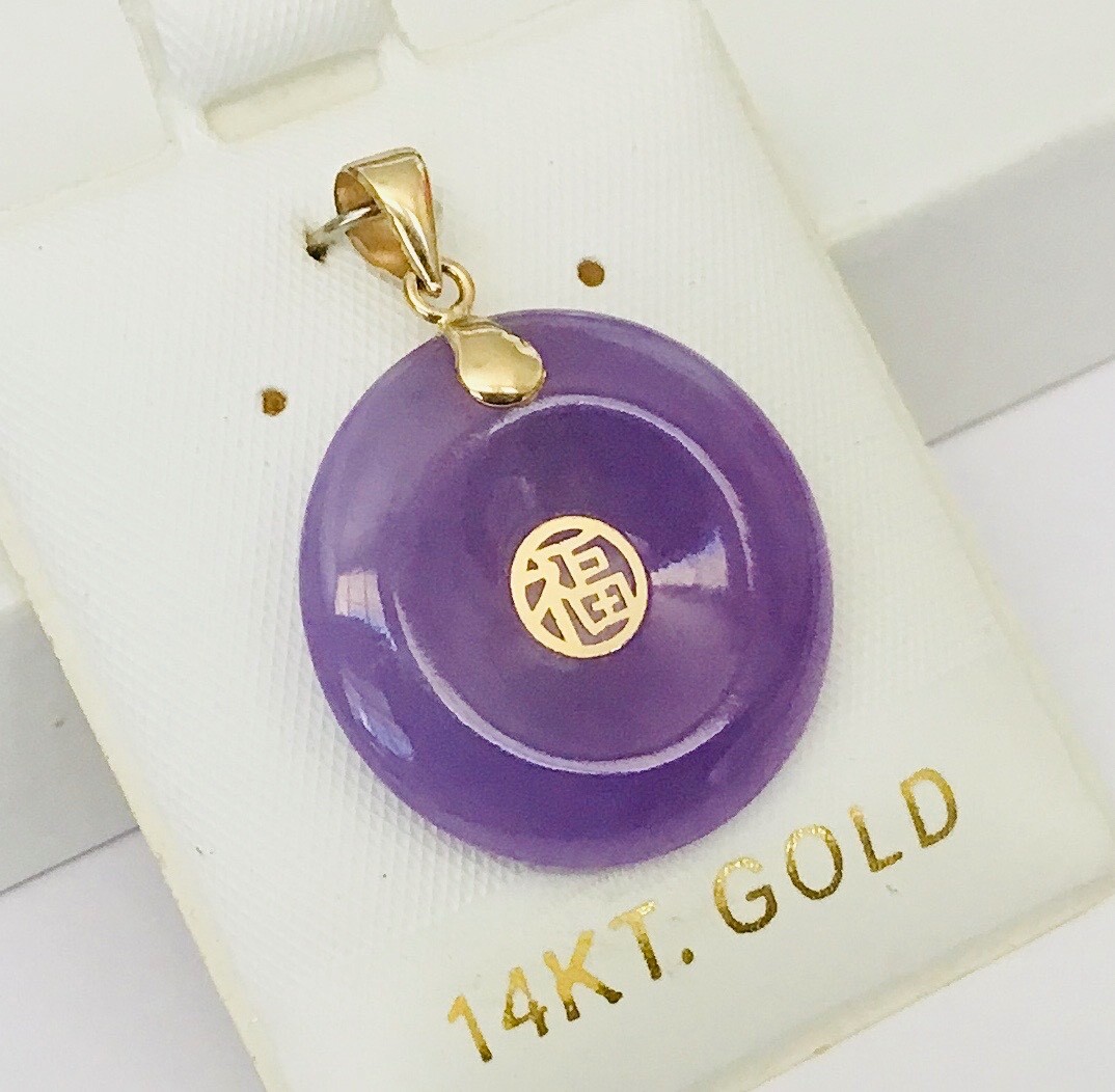 Solid 14K Gold Lavender Jade Chinese Character ” Good Fortune ” Pendants NEW