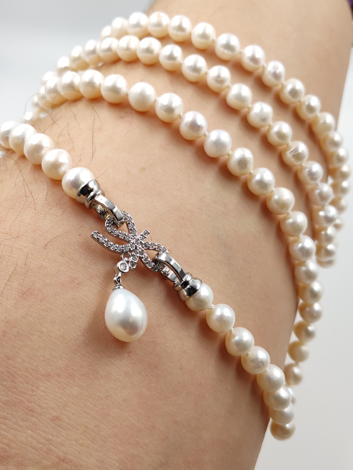 Genuine 30″ Super Luster White Natural Seawater 9mm Pearl Necklace 950 Platinum