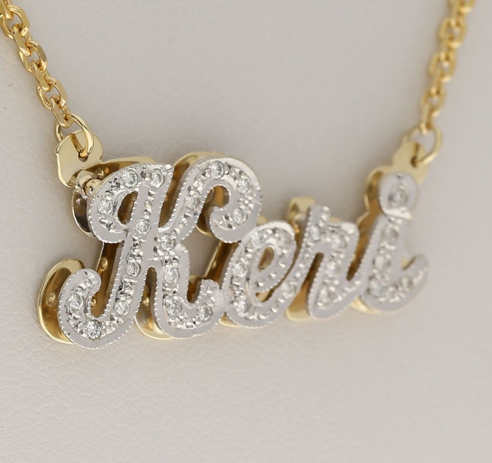 Natural Diamond ‘Keri’ Shadow Nameplate Necklace .37CT Multi-tone Gold 16” Long