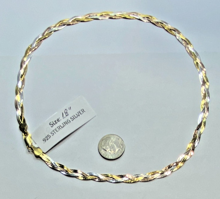 22K Gold Over Sterling Silver AGI Signed Tri Color Braided Necklace 18″ NOS 9.7g