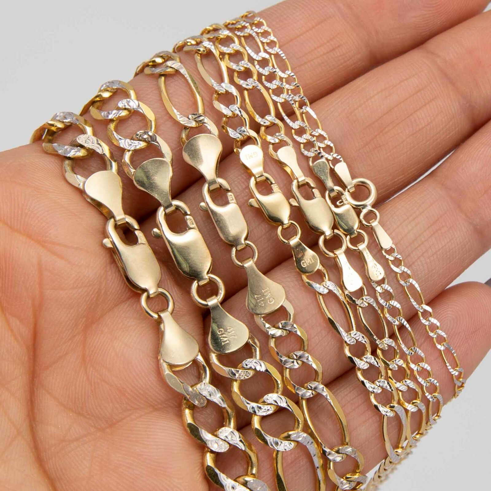Solid 10k Figaro Pave Two Tone Chain Necklace 10K Yellow White Gold All Sizes