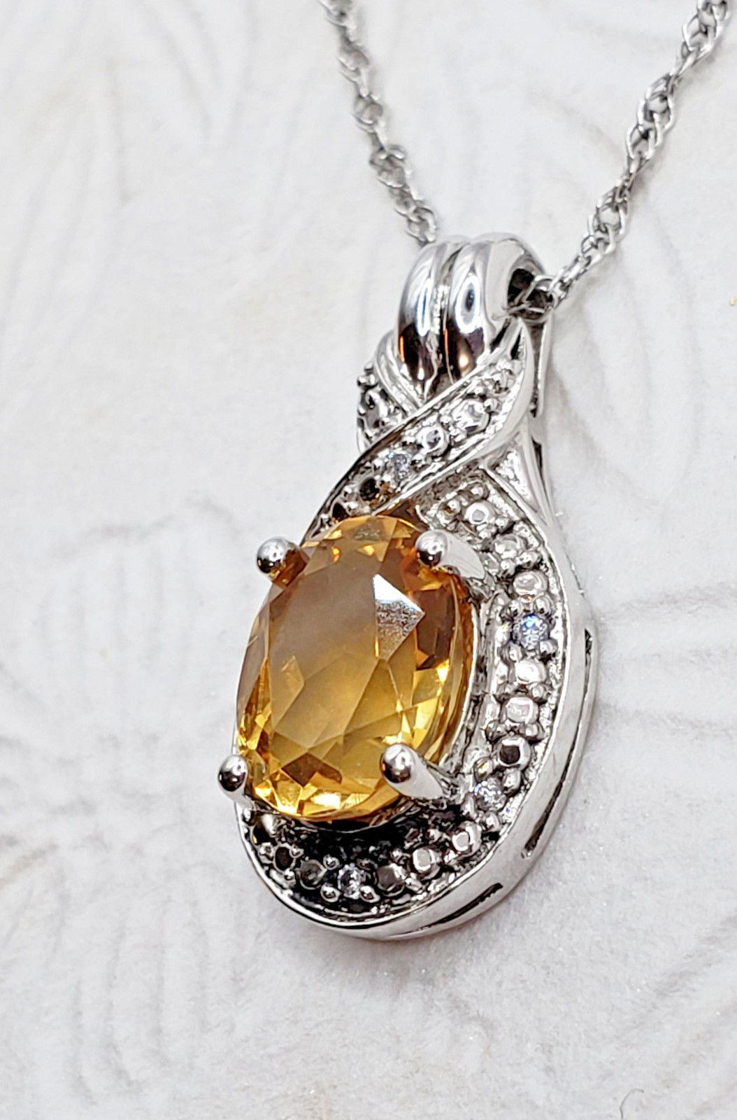 Yellow Oval Citrine & CZ Halo Pave Pendant Necklace 18″ Sterling Silver 925