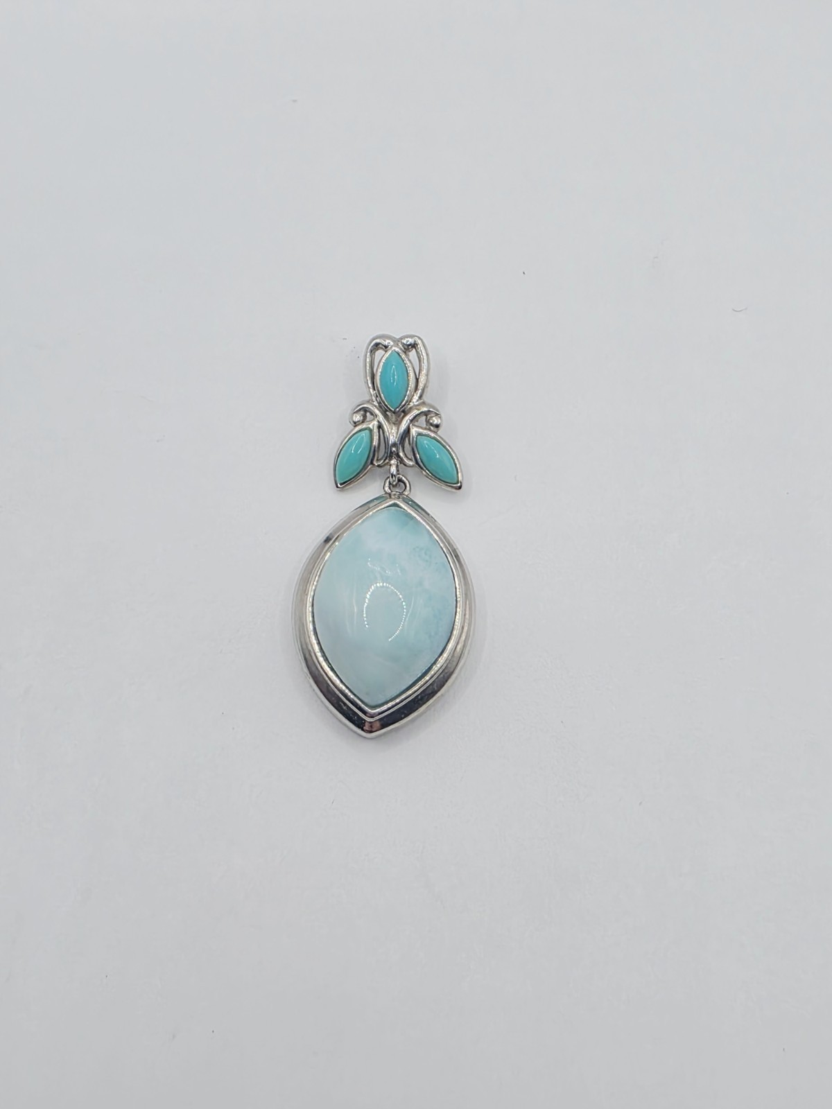 BBJ 925 Sterling Silver Larimar Pendant Thailand Blue Gemstone 9.2g Floral Leaf