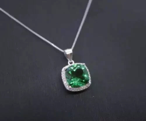 3Ct Cushion Cut Green Emerald Halo Pendant 14k White Gold Finish Free 18″ Chain