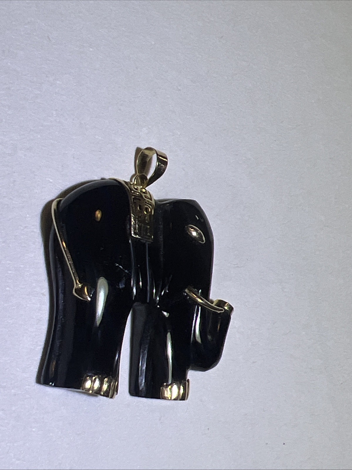 Great Extra Large Solid 14K Gold Black Onyx Elephant Pendant