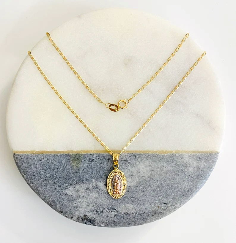 14K Solid Gold 20mm/0.7″ Pendant Guadalupe 16″ Necklace- 14K Solid Gold- PT1129