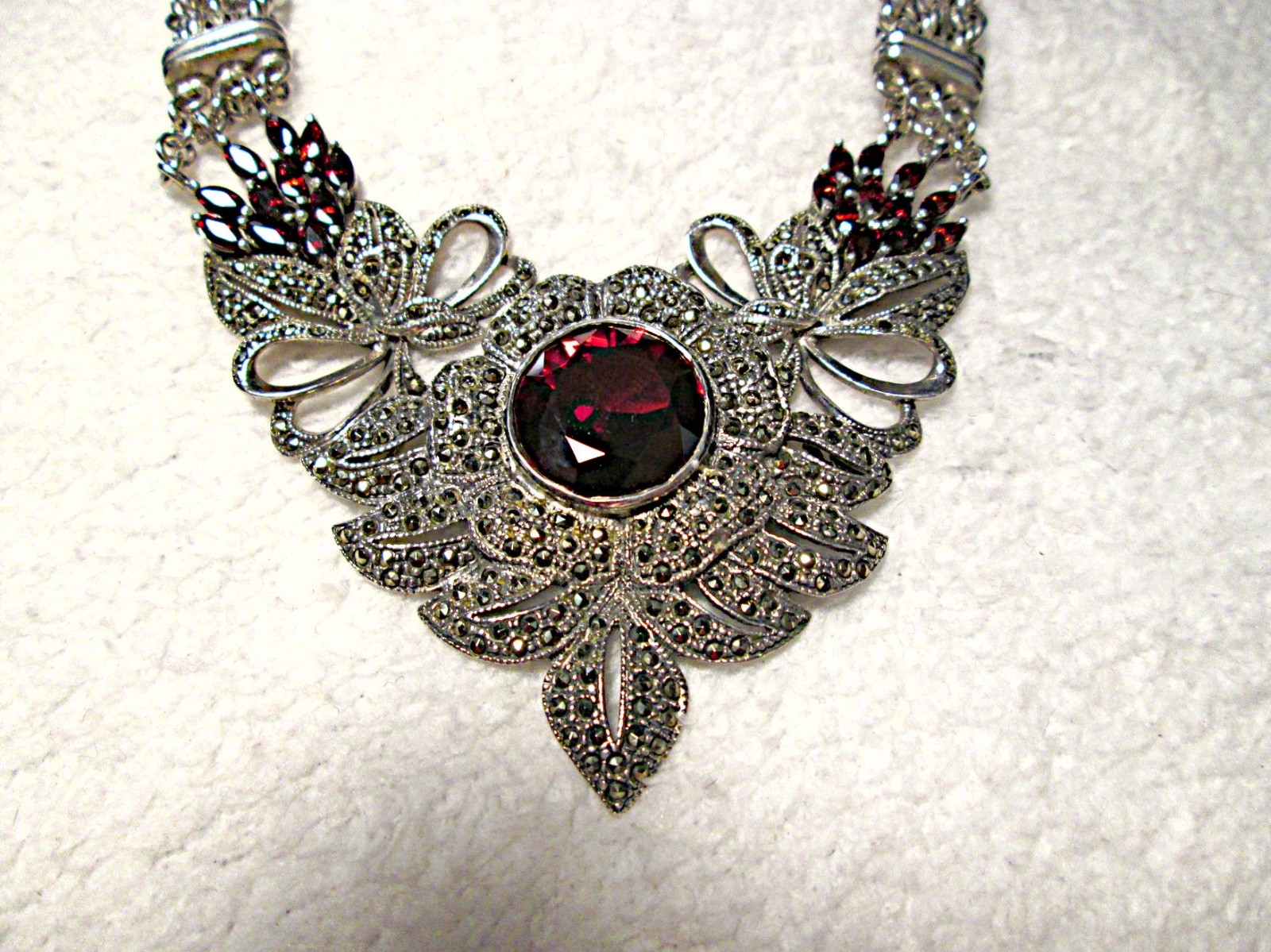 STATEMENT PIECE Sterling Silver Large GARNET MARCASITE Necklace STUNNING 76.7 G