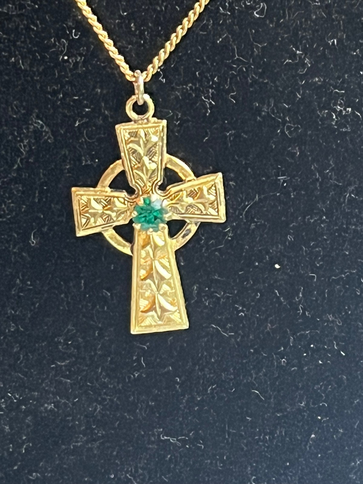 14KT Yellow Gold Filled Celtic Cross Necklace Embossed Knotwork w Emerald 19”