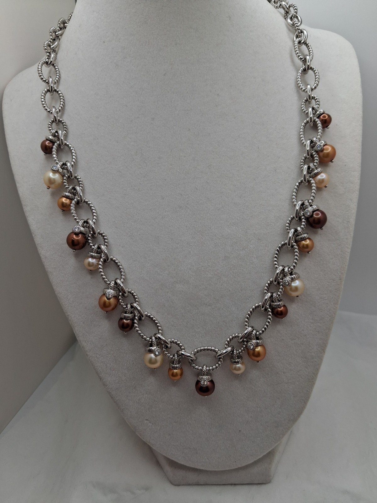 Judith Ripka S925 Multi Gold/Champagn/Choc Cultured Pearl Dangle Necklace-17-19″
