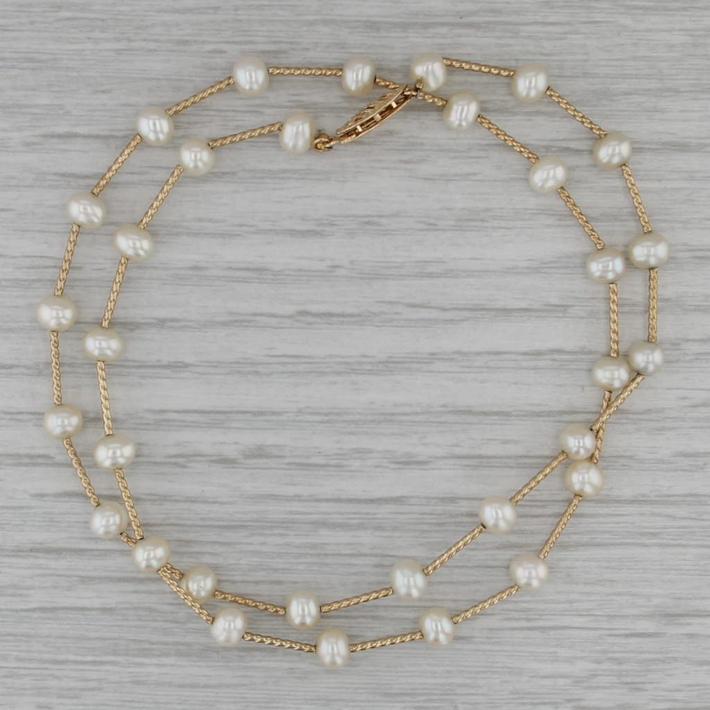 Cultured Pearl Bead Bar Link Necklace 14k Yellow Gold 18.25″