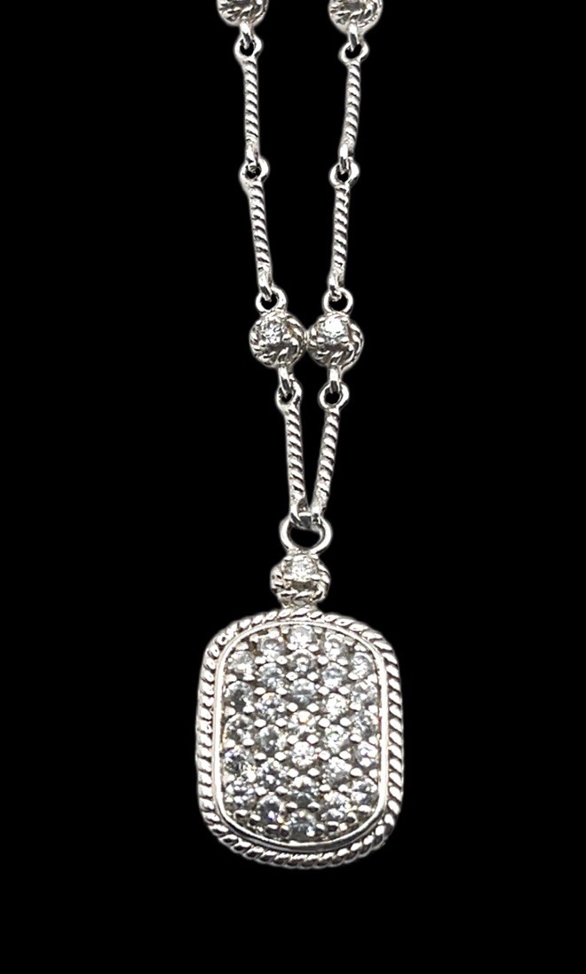 ADI Sterling Silver CZ Dog Tag Pendant with Twisted Bar Link Station 18” L Chain