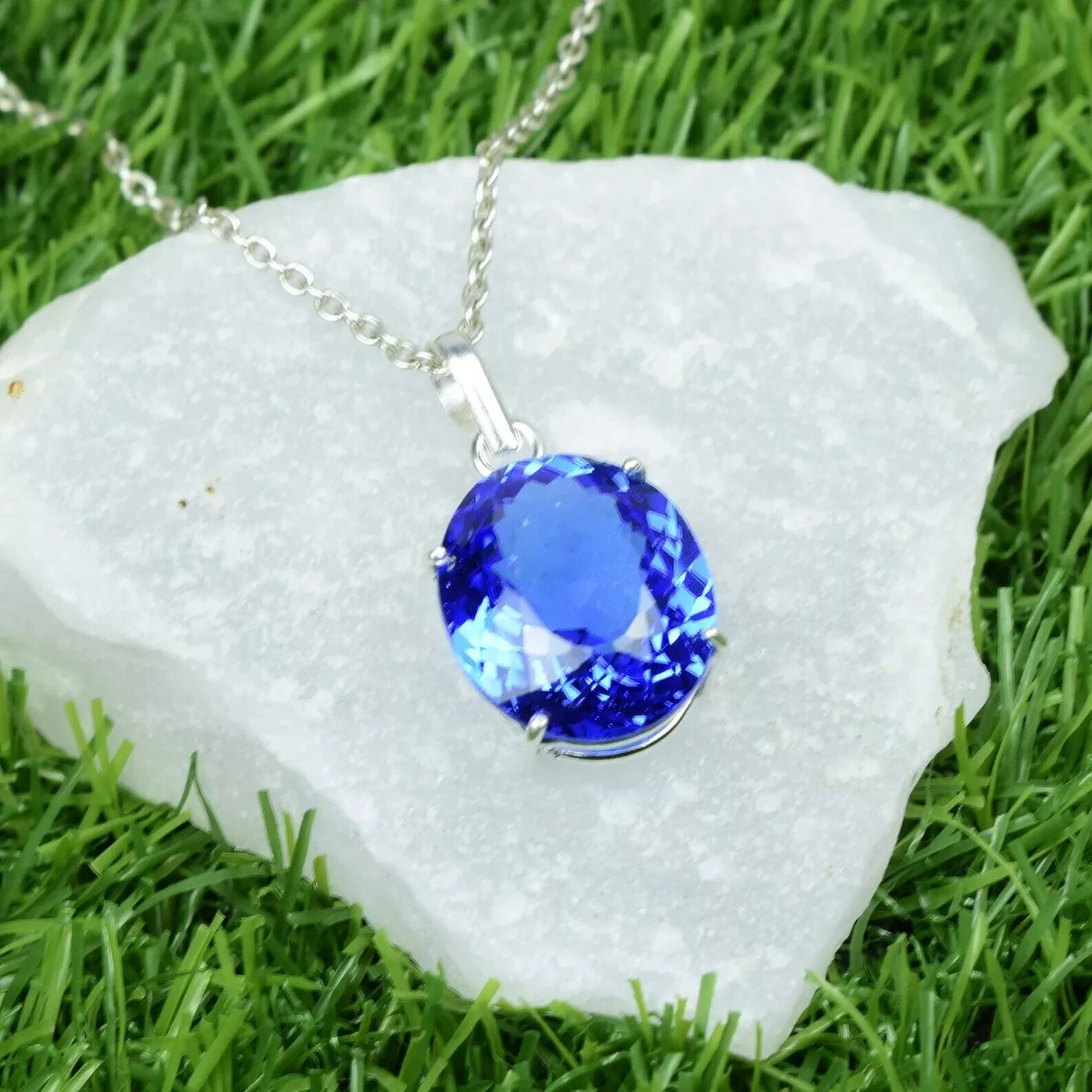 Natural Blue Tanzanite Pendant 925 Silver 30.64 Ct+ Oval Cut With Chain for Gift
