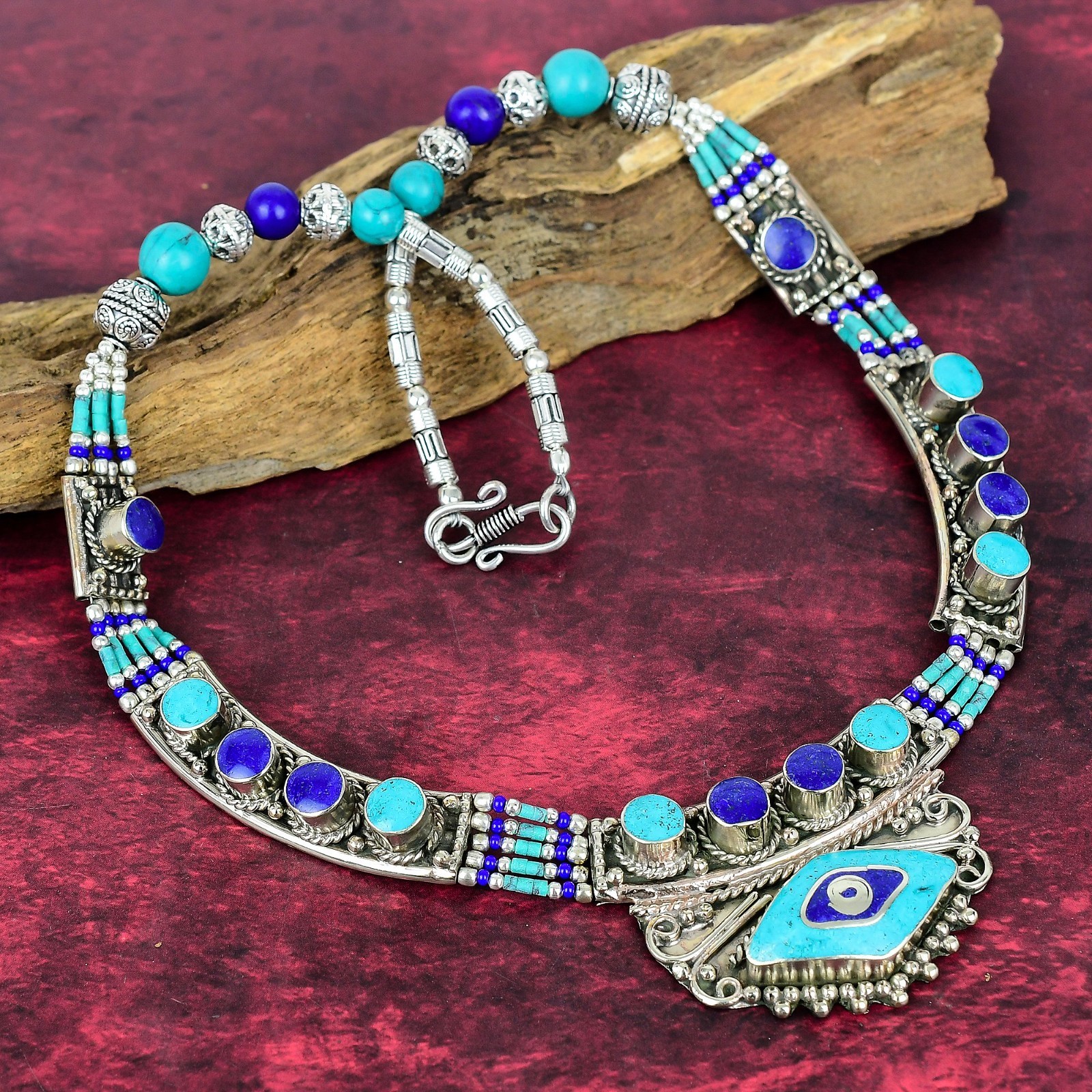 Lapis Lazuli & Turquoise 925 Sterling Silver Handmade Nepali Jewelry Necklace