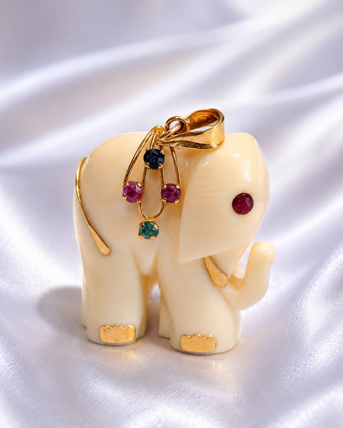 Unusual Carved Elephant Pendant, 14 Kt Gold, Ruby And Emeralds