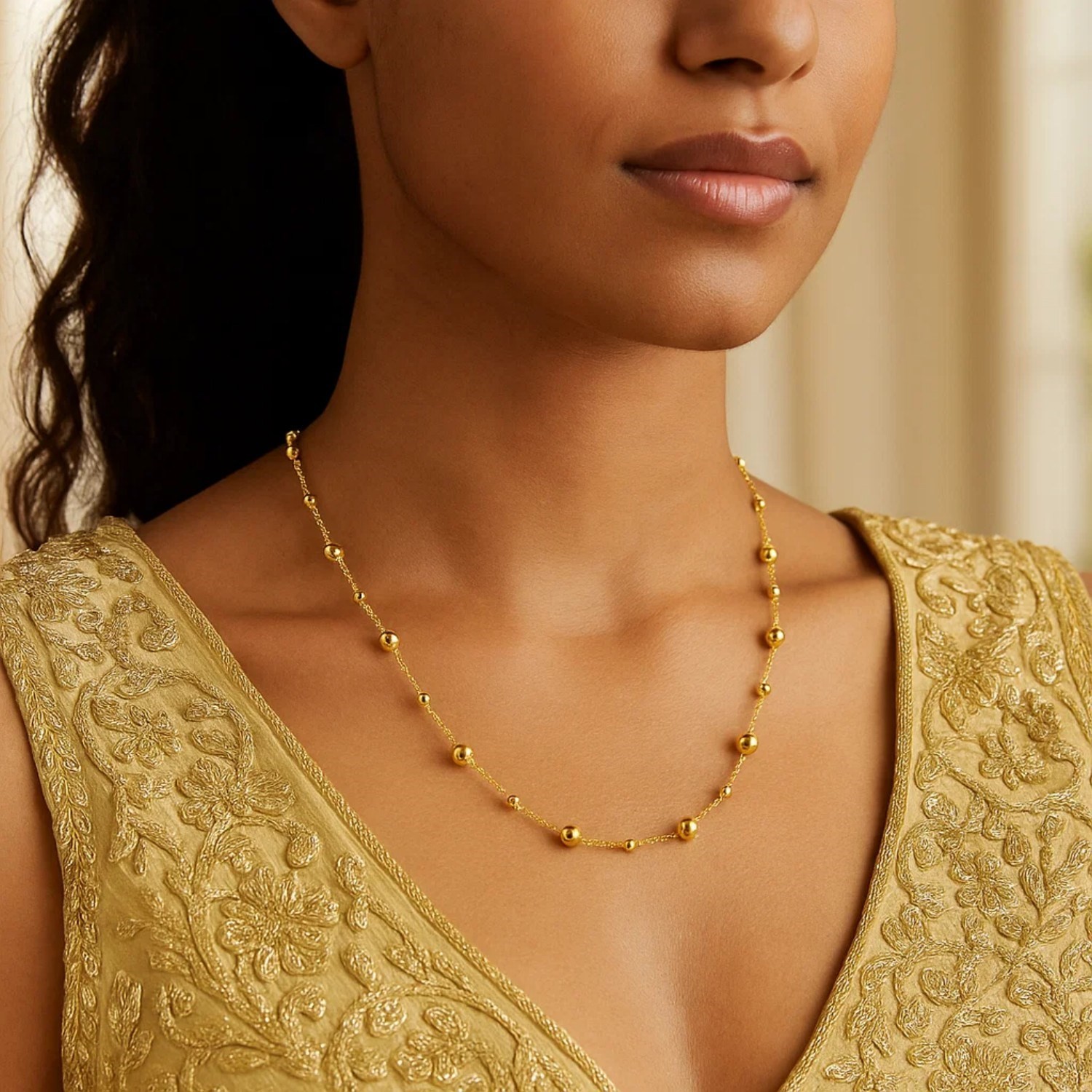 Gold bead station Necklace, 14K Yellow Gold, Size 18, Dainty, Minimalist
