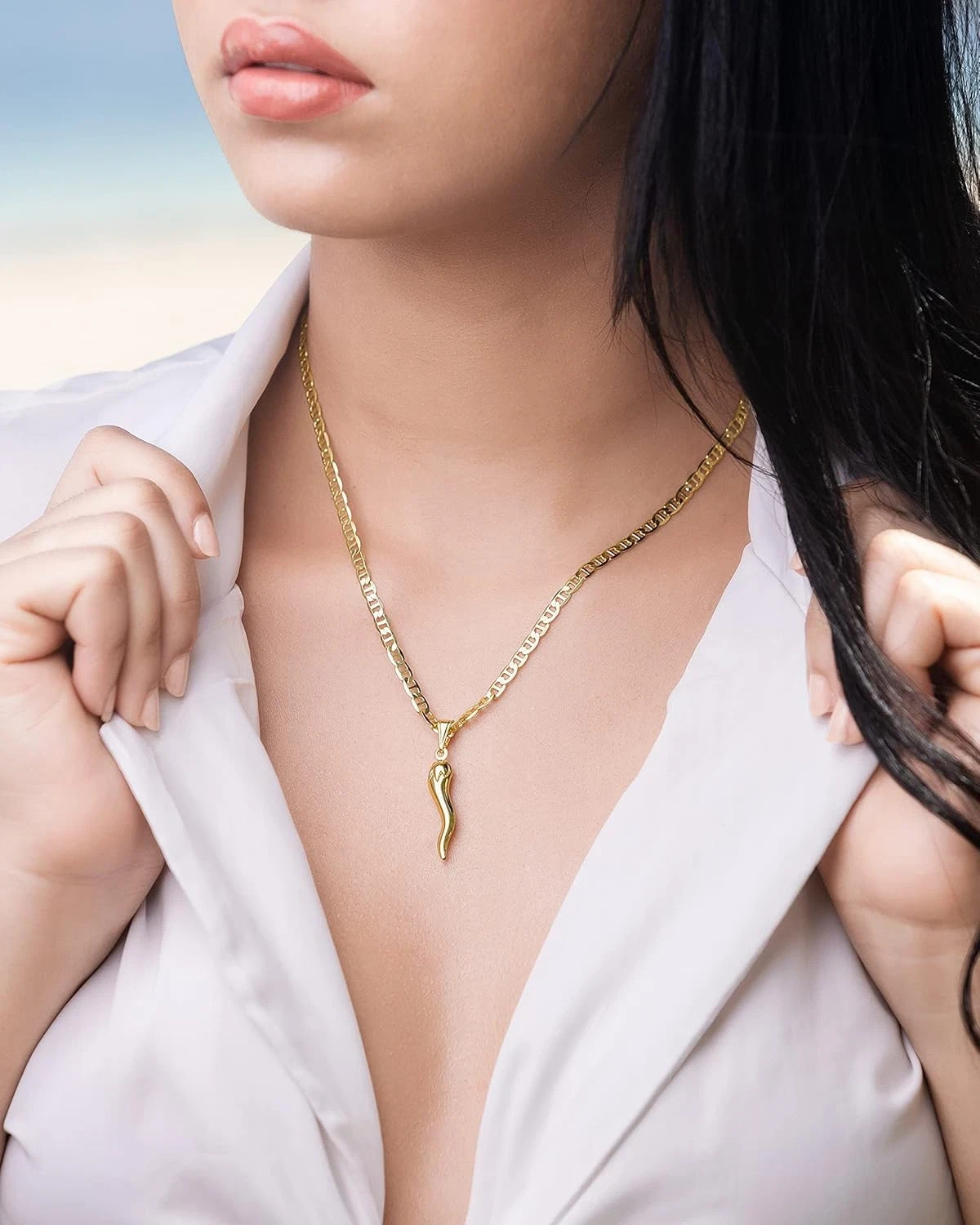 18K Gold Plated Flat Marina Chain with Italian Horn Necklace Cornicello – Made i