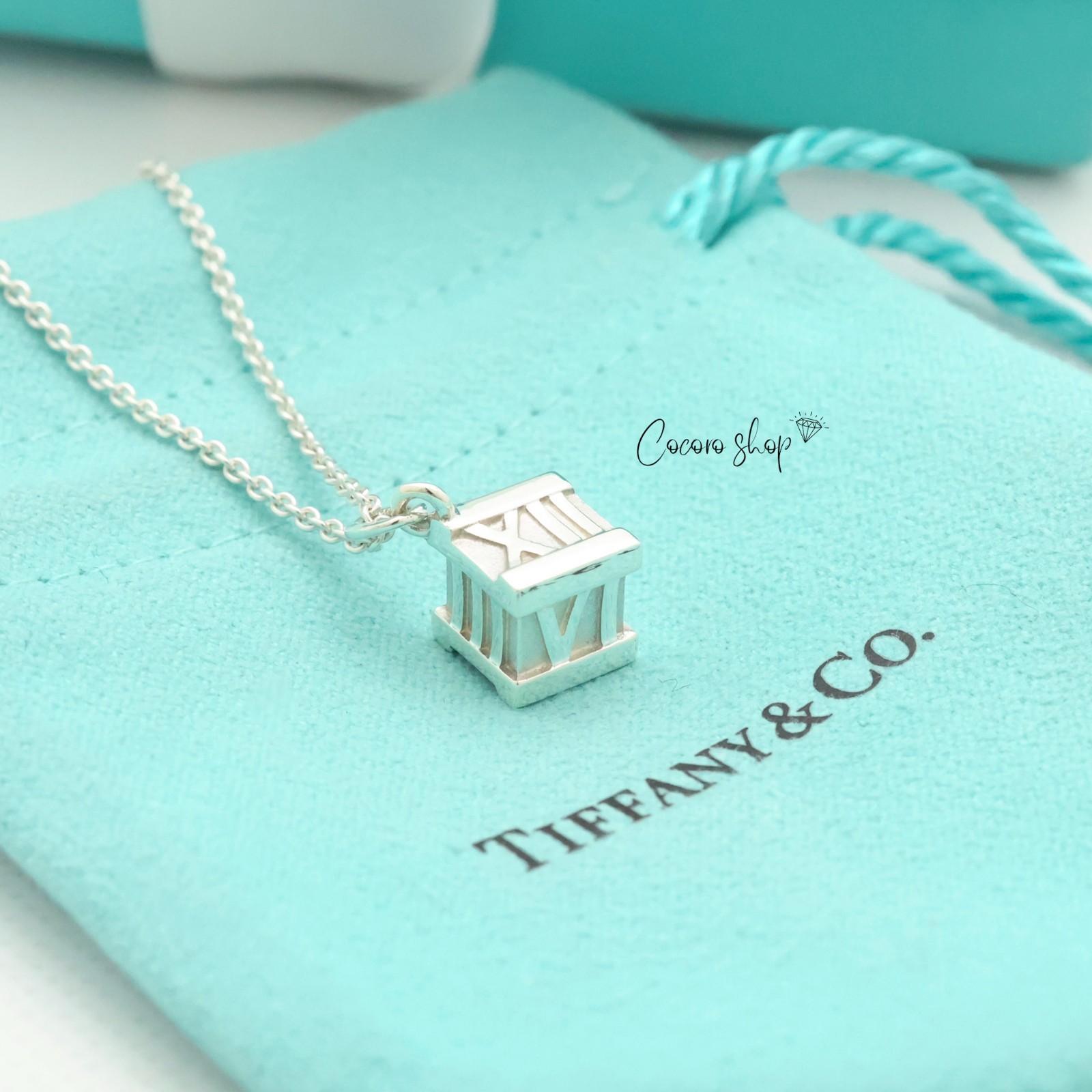 Authentic Tiffany & Co. Atlas Cube Pendant Necklace 16.8″ Silver 925 w/Pouch
