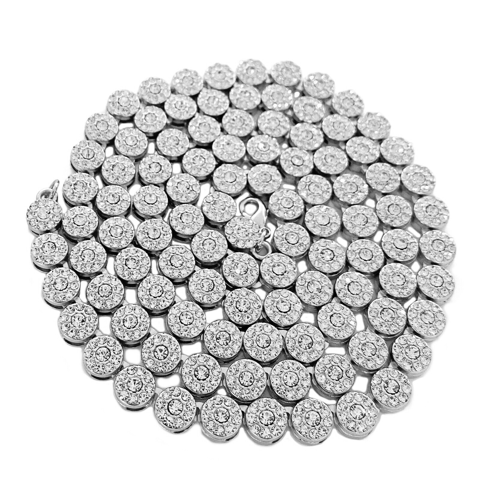 Men’s Flower Cluster Hip Hop Chain CZ Iced Bling Out One Row Silver Tone 36″