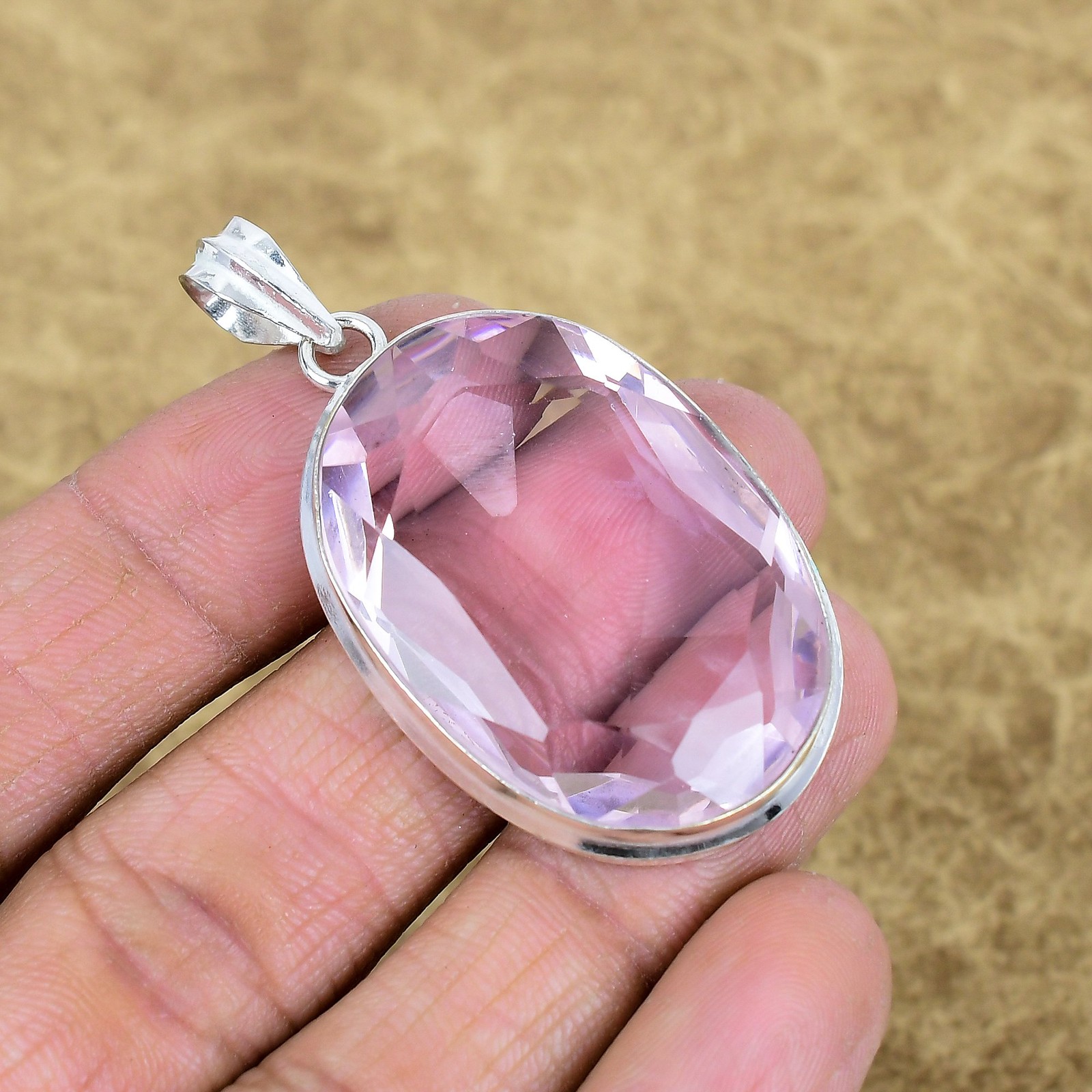 Natural Pink Kunzite Gemstone Pendant 925 Sterling Silver Oval Jewelry For Crush