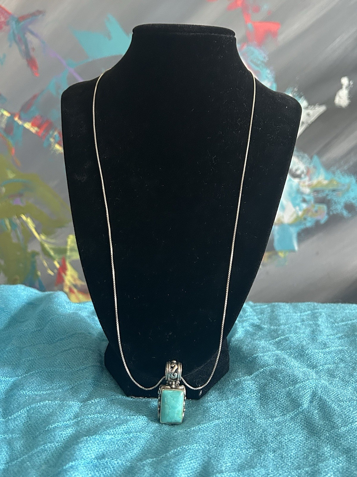 Sterling Silver 925 Filigree Pendant Turquoise Style 24” 12.76g Italian Necklace