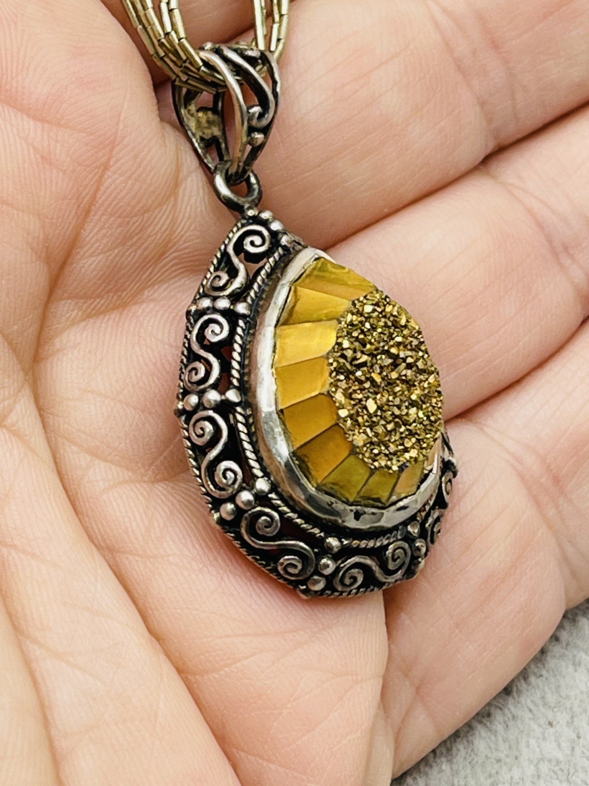Sajen 925 Sterling Silver Gold Druzy Dangle Pendant Five Strand Liquid Necklace