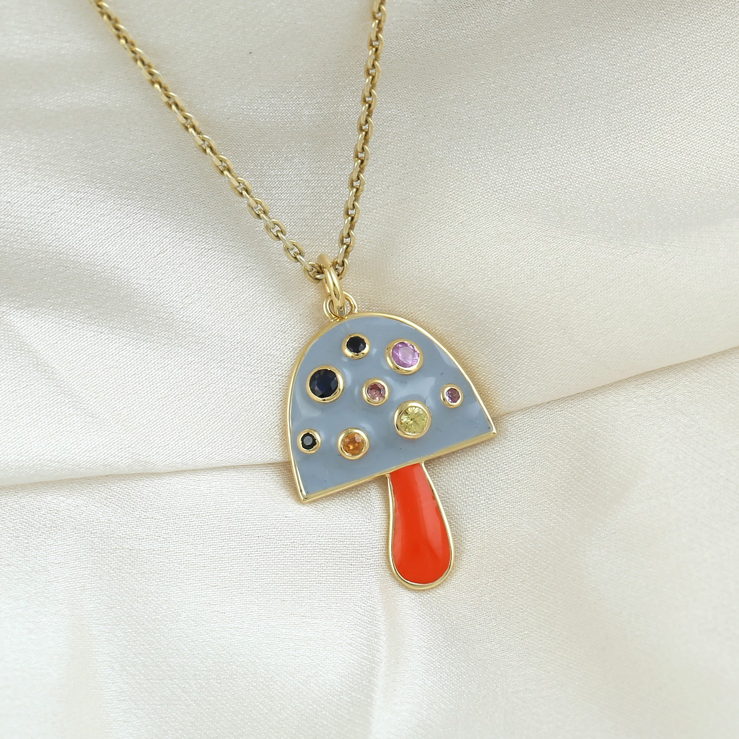 Multicolor Sapphire Gemstone With 14K Solid Yellow Gold Enamel Mushroom Pendant