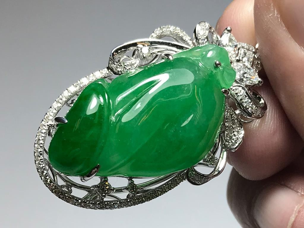Male Organ God Rich Emerald Green Jadeite Jade 18K White Gold Diamond Pendant