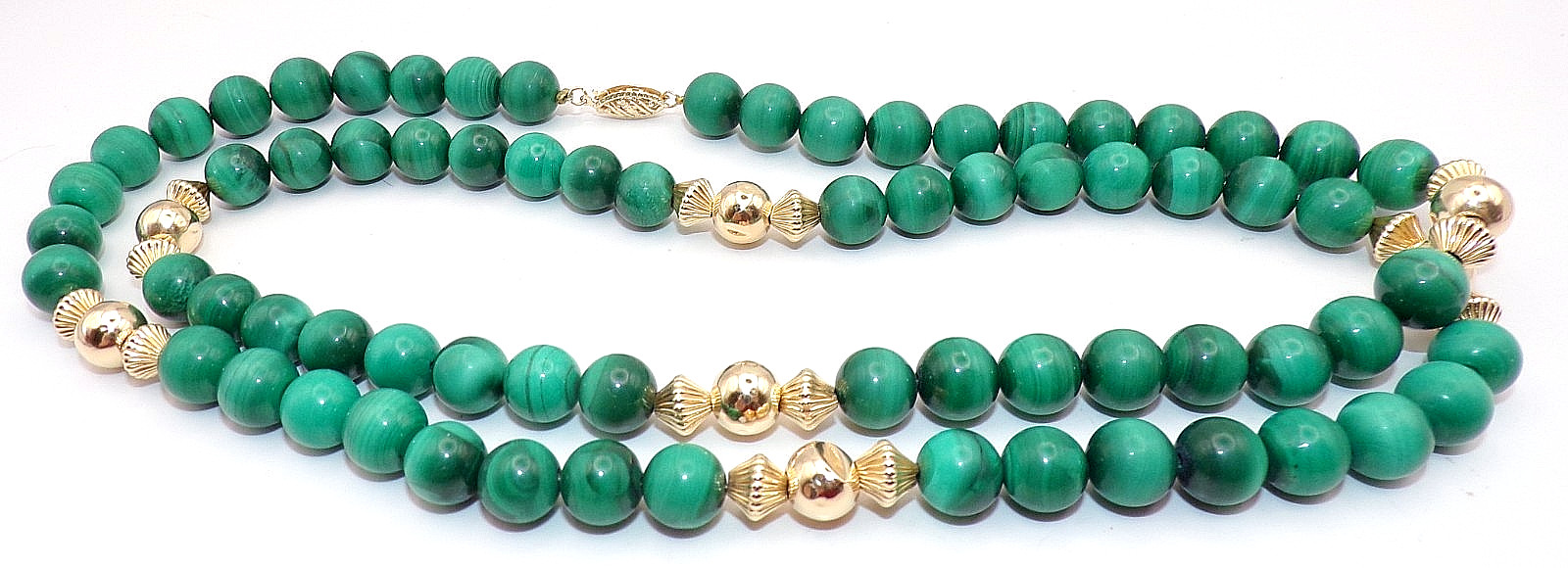 VTG 14K YELLOW GOLD & MALACHITE BALL BEAD 30″ LONG NECKLACE 8-9MM BEADS 95.3 Gr
