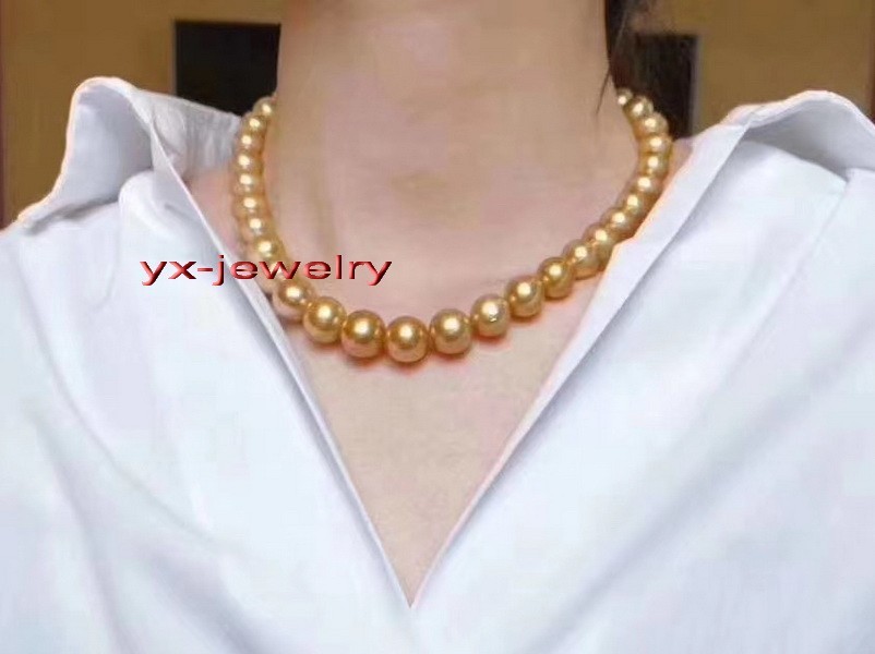 AAAAA round 18″9-10mm REAL natural south sea deep golden pearl necklace 14K gold