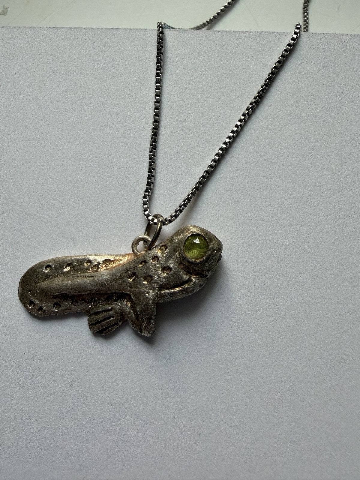 Handmade Sculpted Art Clay Silver & Peridot Gem Tadpole Pendant Charm