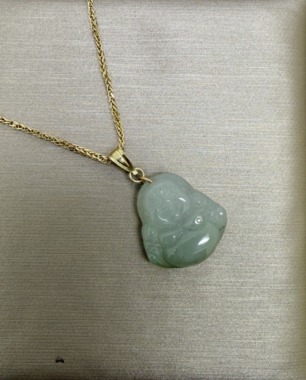 One Natural White Jade Stone Happy Buddha Pendant with 10K Real Gold Bail